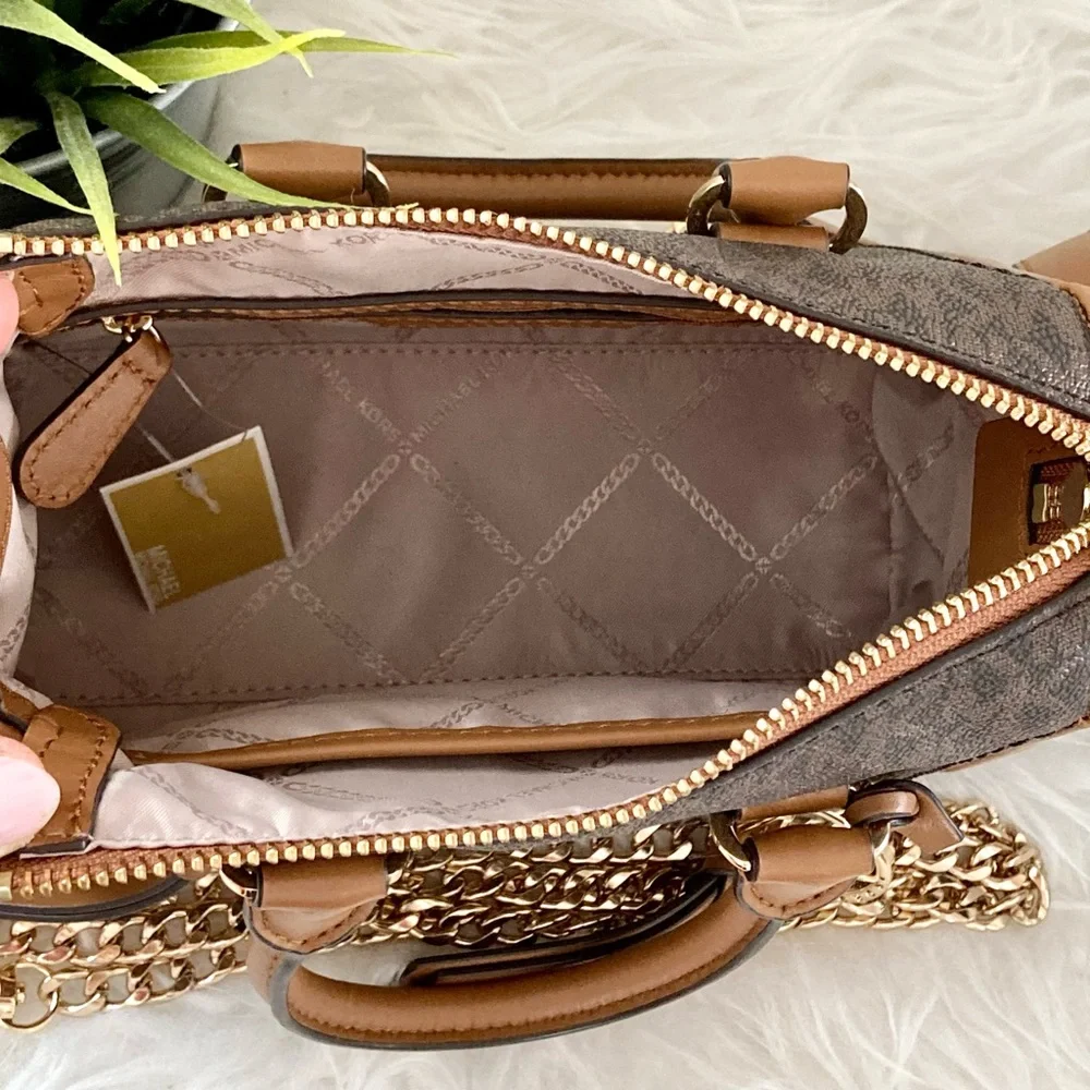 Michael Kors Carine Brown Monogram XS Satchel Crossbody Bag.
